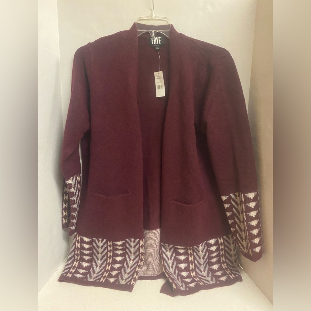 Frye Women's Deep Burgundy Open Cardigan with Patterned Cuffs XL